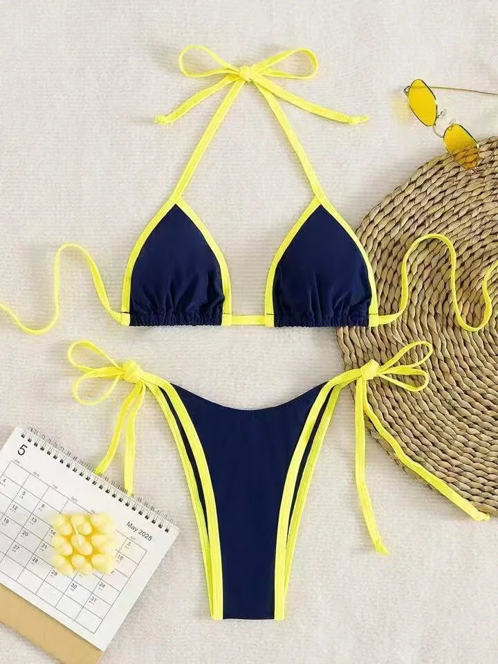 Bikini Swimsuit Beach Vacation Swimwear Solid Lace-up Bikini Set