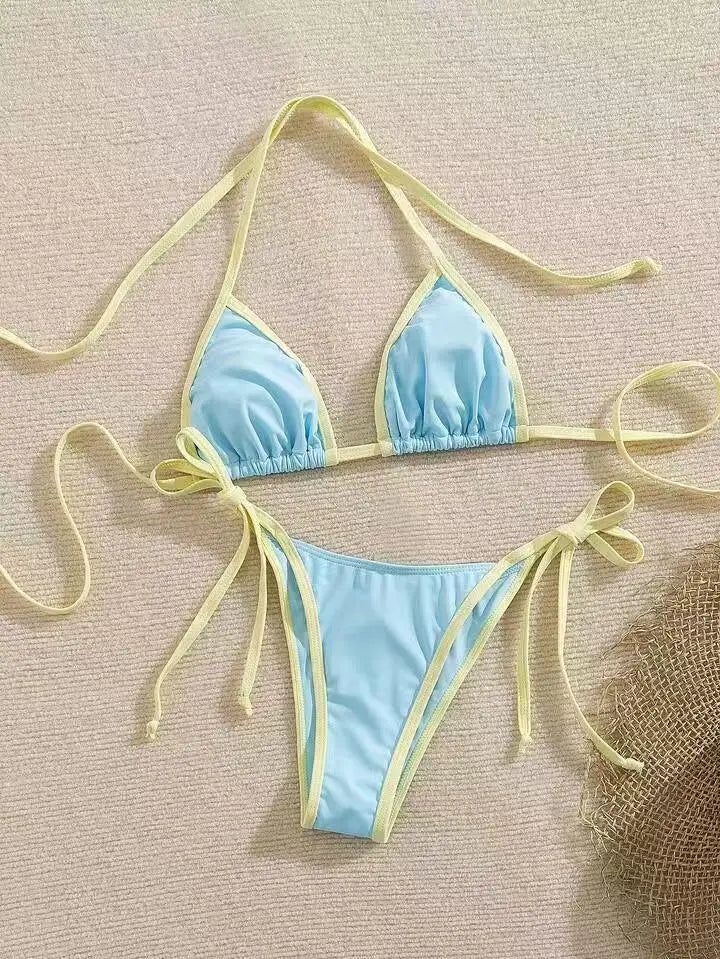 Bikini Swimsuit Beach Vacation Swimwear Solid Lace-up Bikini Set