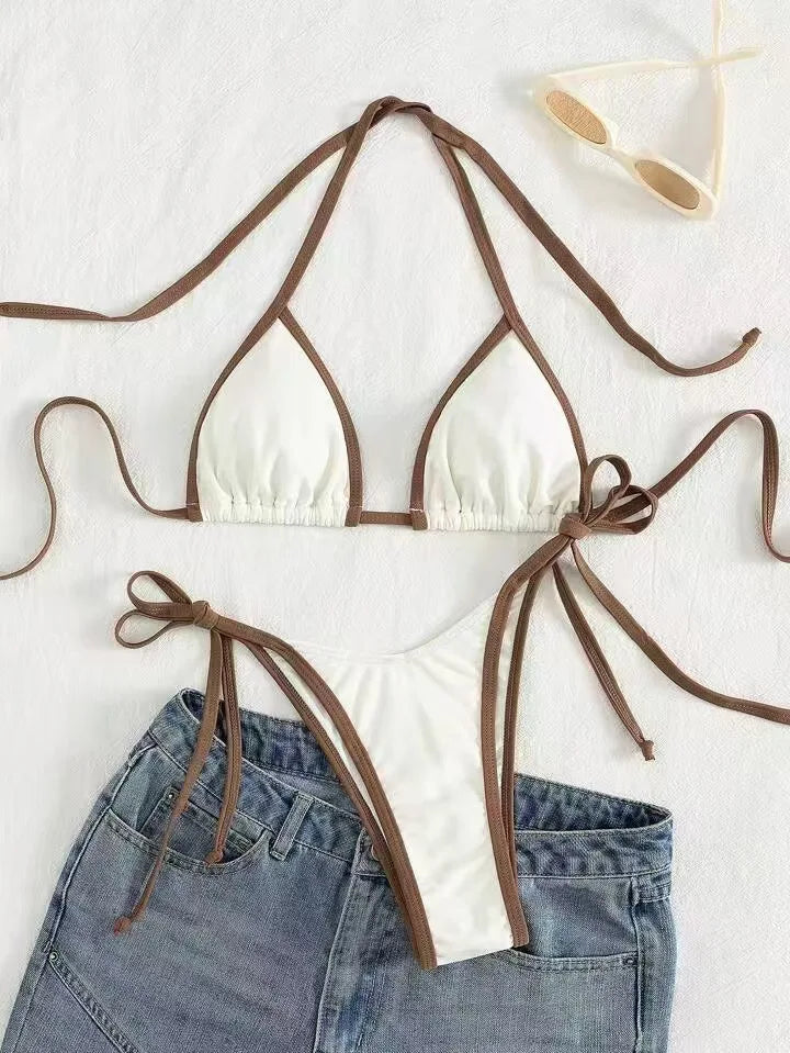 Bikini Swimsuit Beach Vacation Swimwear Solid Lace-up Bikini Set