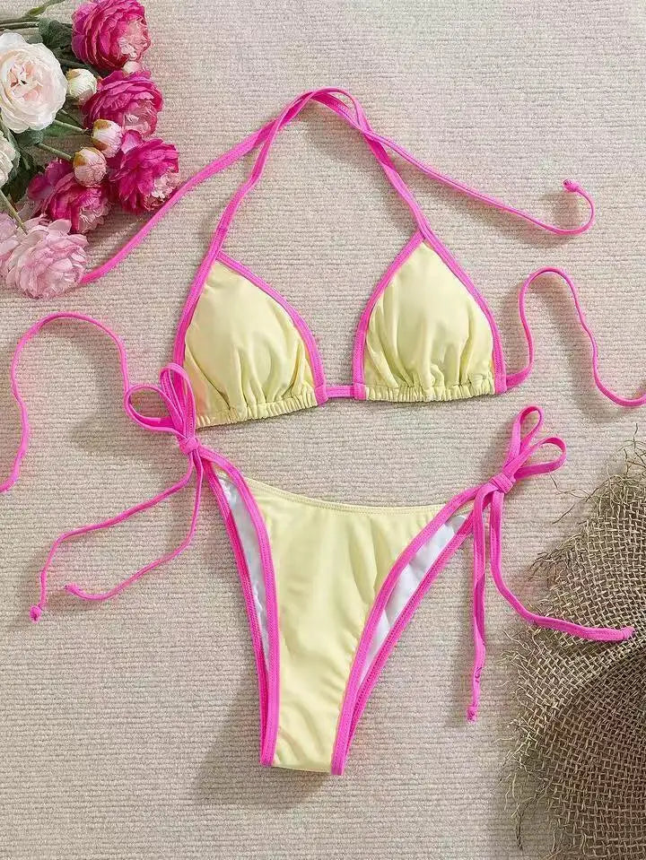Bikini Swimsuit Beach Vacation Swimwear Solid Lace-up Bikini Set