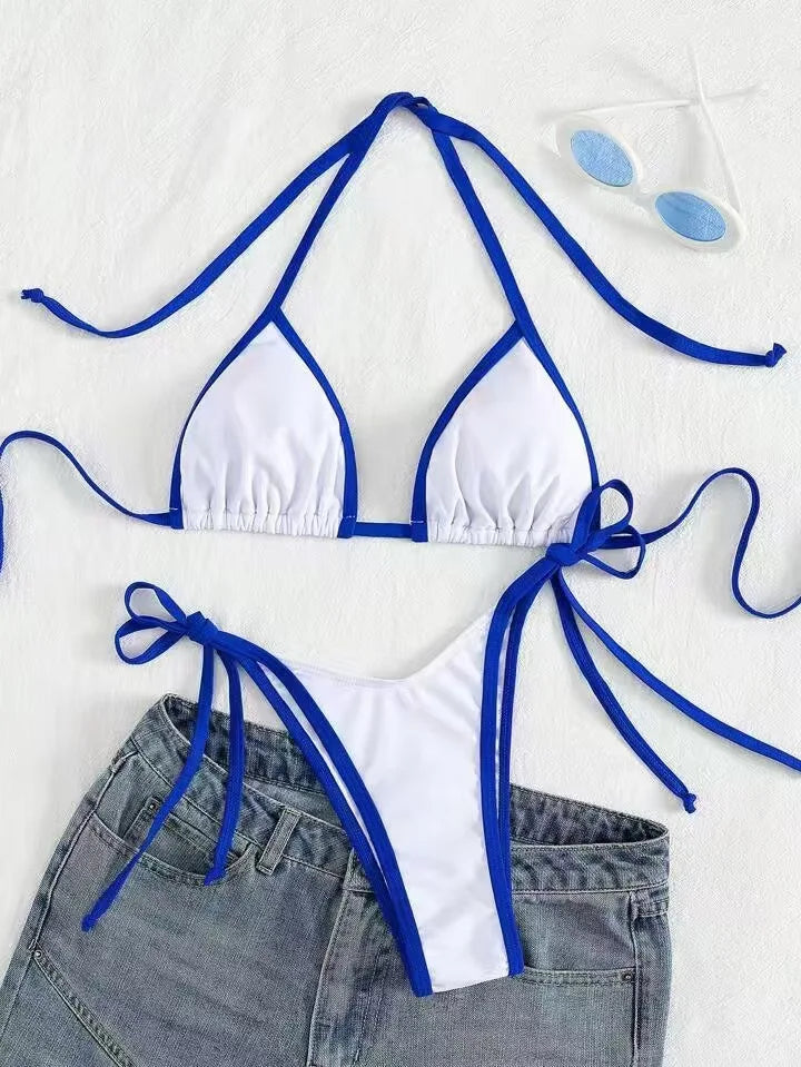 Bikini Swimsuit Beach Vacation Swimwear Solid Lace-up Bikini Set