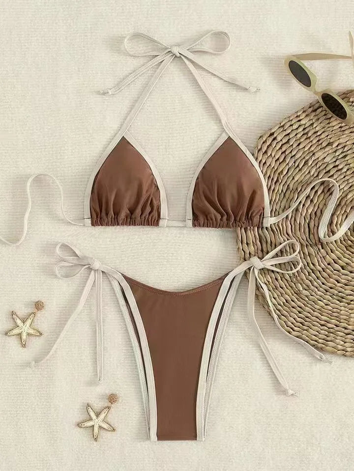 Bikini Swimsuit Beach Vacation Swimwear Solid Lace-up Bikini Set