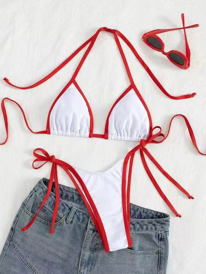 Bikini Swimsuit Beach Vacation Swimwear Solid Lace-up Bikini Set