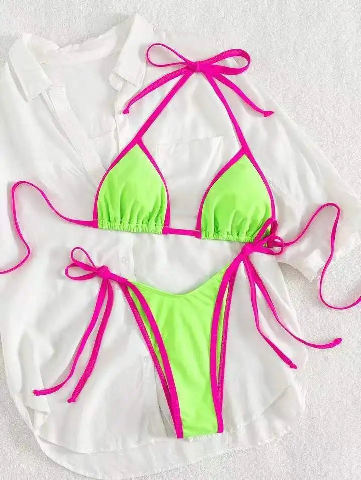 Bikini Swimsuit Beach Vacation Swimwear Solid Lace-up Bikini Set