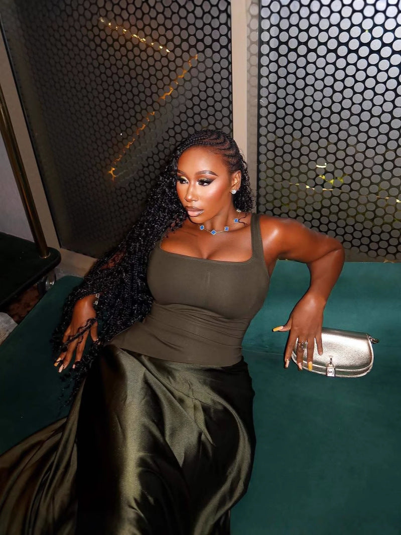 Fitted U-Neck Patchwork Vest Long Dress