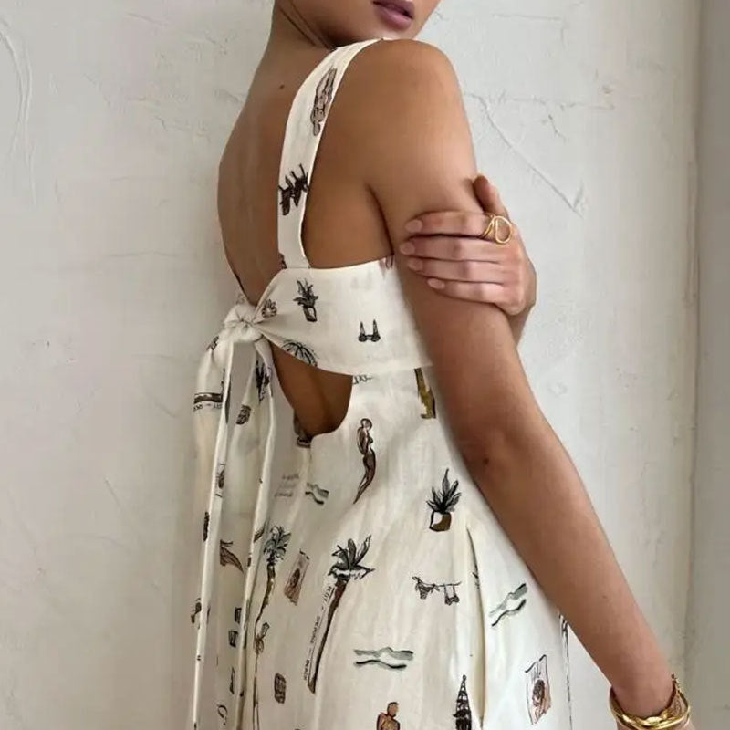 Sleeveless Tie-Strap Print Swing Dress