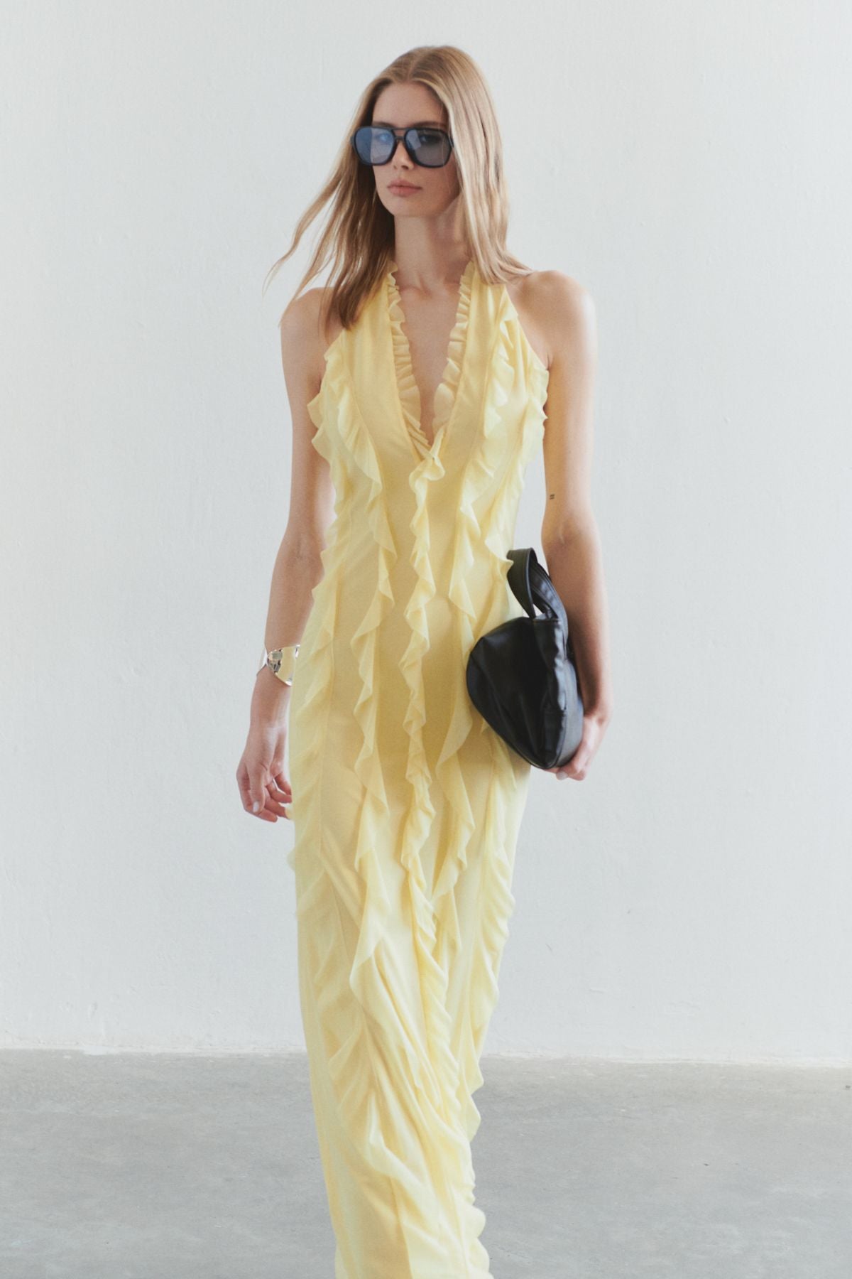 Yellow solid color halter back lace dress