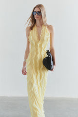 Yellow solid color halter back lace dress