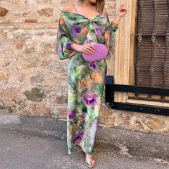One-Shoulder Tie-Dye Print Suspender Cape Dress