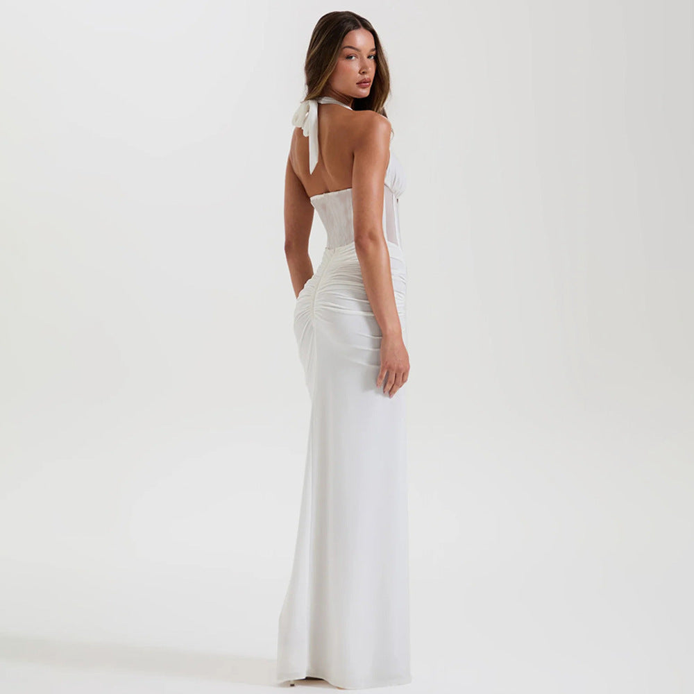 Tie-up halterneck open-back gathered hip dress