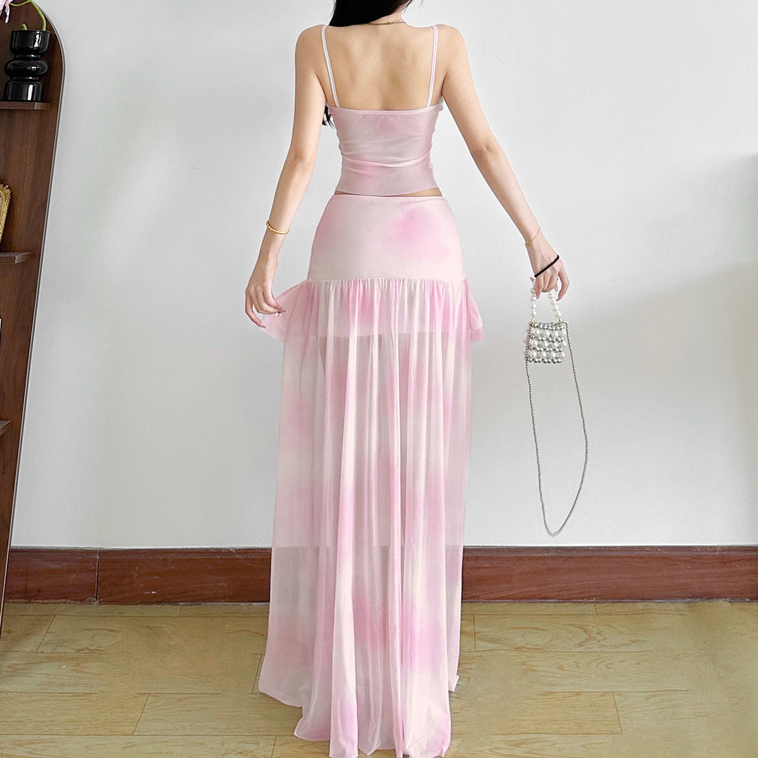 Slim Fit Showing Waist Top Mesh Ruffled Skirt Set