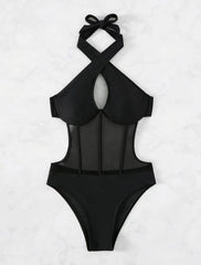One Piece Bikini Grenadine Solid black Cross Bandage Hollow Out Swimwear Beach Backless Bathing Suit Monokini