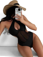 One Piece Bikini Grenadine Solid black Cross Bandage Hollow Out Swimwear Beach Backless Bathing Suit Monokini