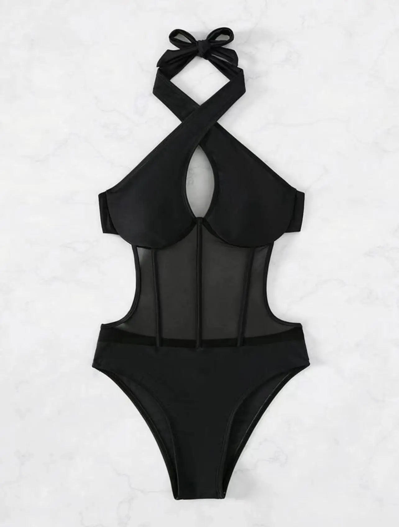 One Piece Bikini Grenadine Solid black Cross Bandage Hollow Out Swimwear Beach Backless Bathing Suit Monokini