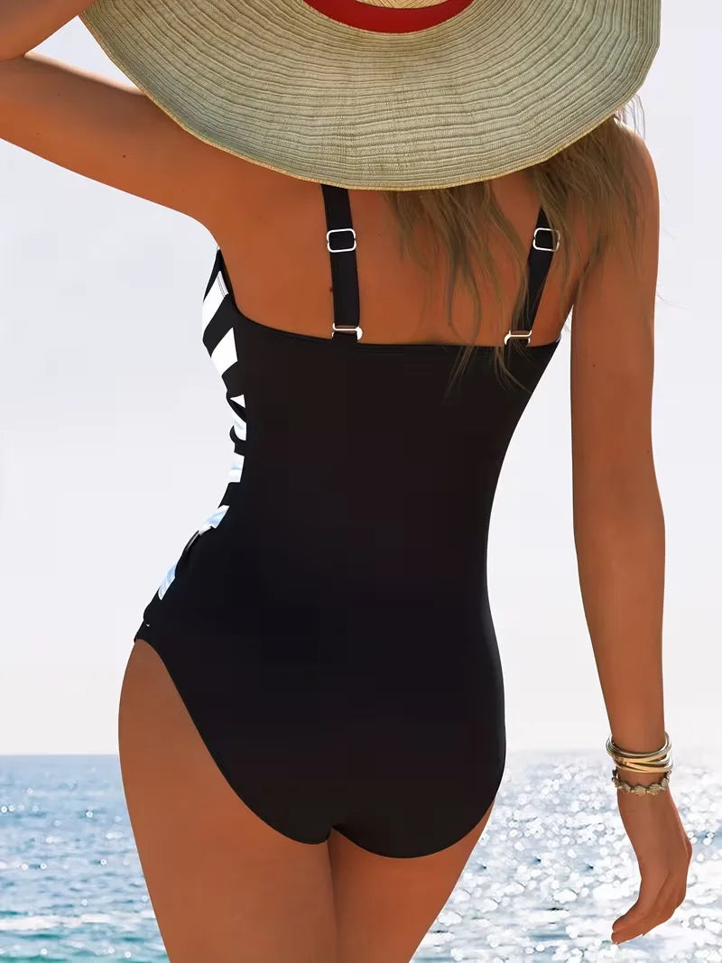 One Piece Suits Striped Swimsuit Print Front Cross Wrap Waist Tummy Control Deep V Neck Sleeveless Tank High Cut Bodysuit