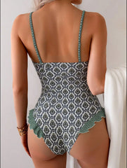 One Piece Suits Vintage Floral Swimsuit Print V Notch Front Textured Strap Scalloped Ruffle Hem Slim High Cut Bodysuit