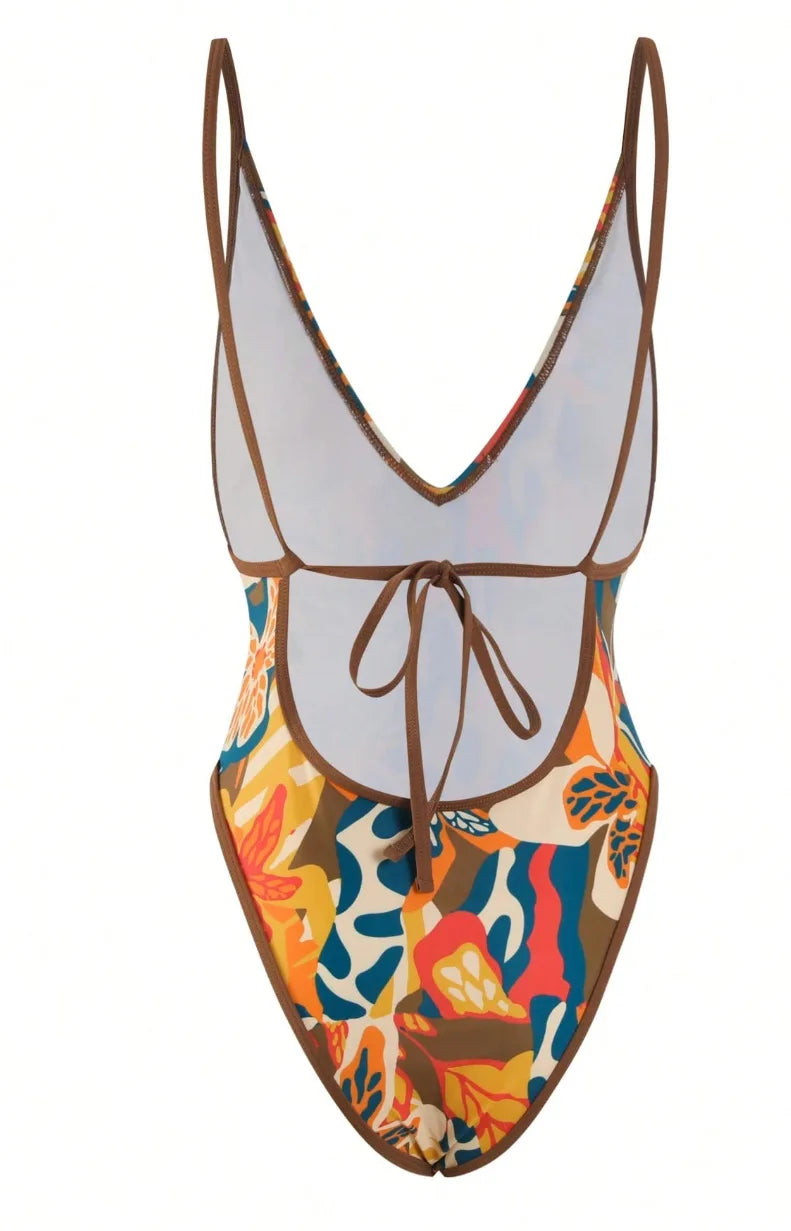 One-Piece Swimsuit Print Deep V-neck Swimwear Higt Cut Low Backless Bathing Suit Swimming Suit Beachwear