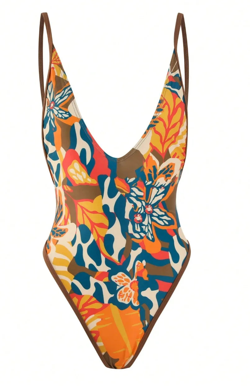 One-Piece Swimsuit Print Deep V-neck Swimwear Higt Cut Low Backless Bathing Suit Swimming Suit Beachwear
