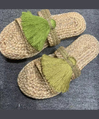 Original Handmade Green Tassel Comfy Breathable Beach Slide Sandals