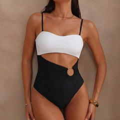 Patchwork One-Piece Suits Cut Out Swimwear Push UP Hollow One Piece Swimsuit Monokini Beach Lady Bathing Suit