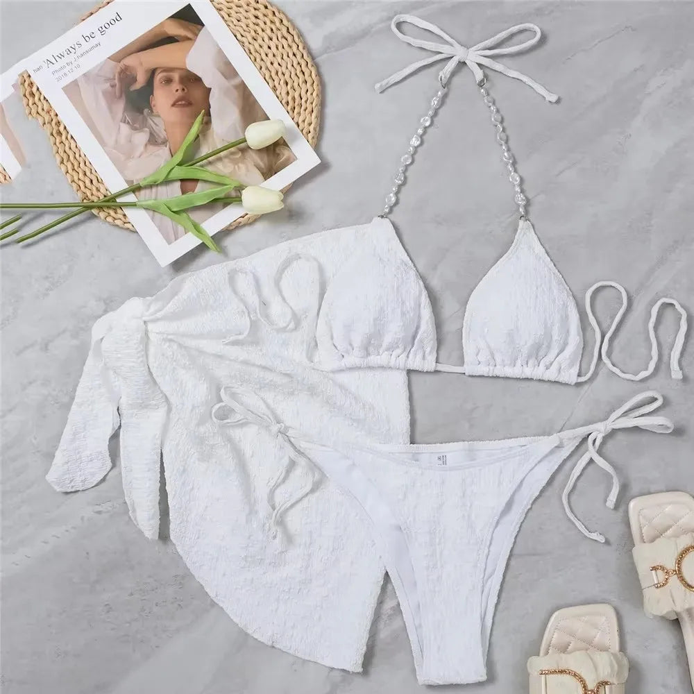 Pearl String Halter Swimwear with Cover Up Bikinis Sets