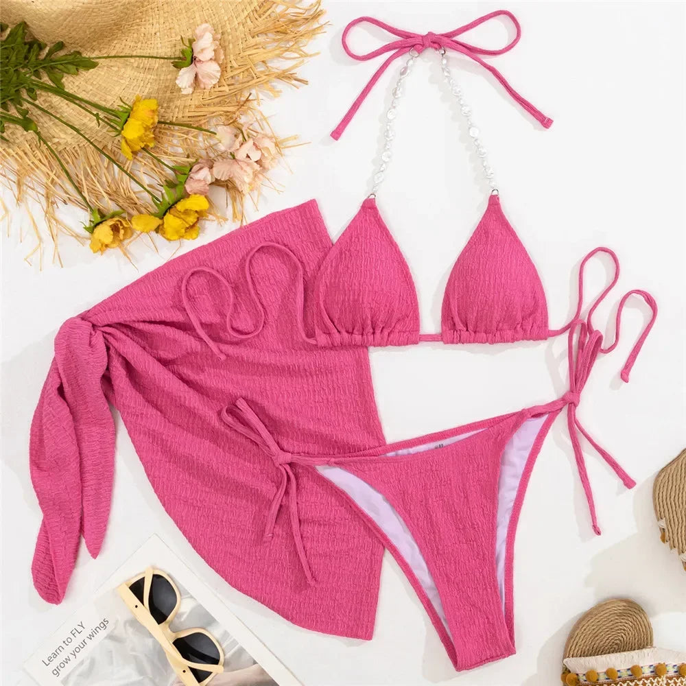 Pearl String Halter Swimwear with Cover Up Bikinis Sets