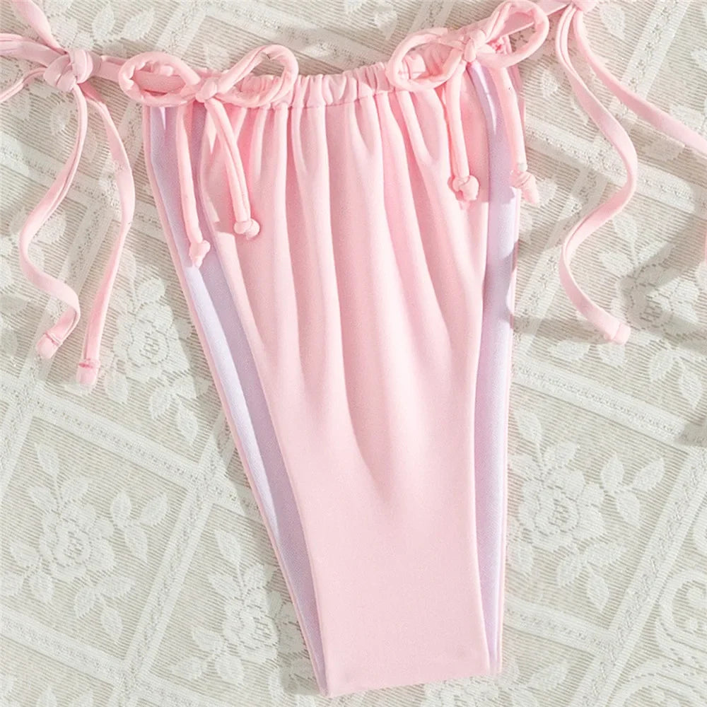 Pink Bow Swimwear String Halter Triangle Micro Bikini Thong Swimsuit Lace-up Wrinkled Bathing Suit Mini Bikinis Sets