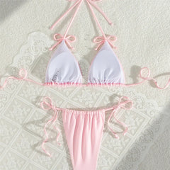 Pink Bow Swimwear String Halter Triangle Micro Bikini Thong Swimsuit Lace-up Wrinkled Bathing Suit Mini Bikinis Sets