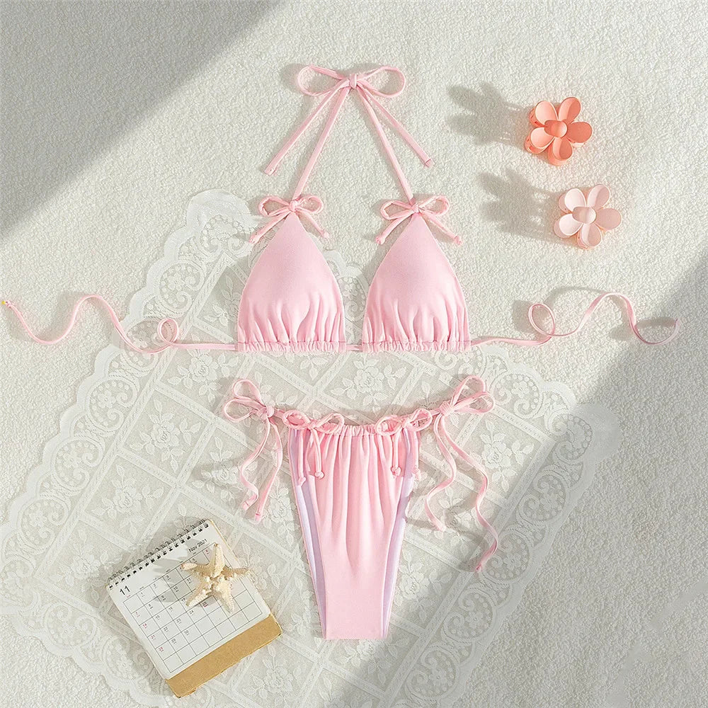 Pink Bow Swimwear String Halter Triangle Micro Bikini Thong Swimsuit Lace-up Wrinkled Bathing Suit Mini Bikinis Sets