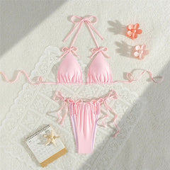 Pink Bow Swimwear String Halter Triangle Micro Bikini Thong Swimsuit Lace-up Wrinkled Bathing Suit Mini Bikinis Sets