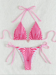 Pink Heart-shaped Stripe Print Two Piece Swimsuit