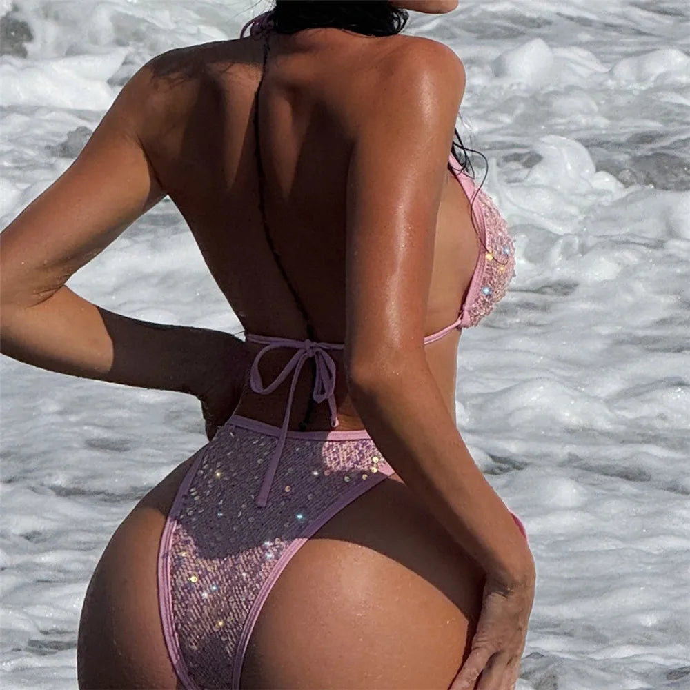 Pink Mesh Sequin Halter String Triangle Bikini Damen Micro Thong Swimsuit Bathing Suits Swimwear Bikinis Sets