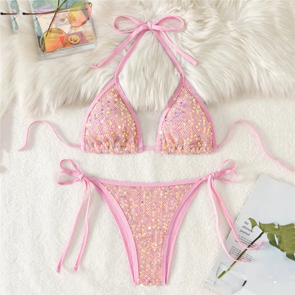 Pink Mesh Sequin Halter String Triangle Bikini Damen Micro Thong Swimsuit Bathing Suits Swimwear Bikinis Sets