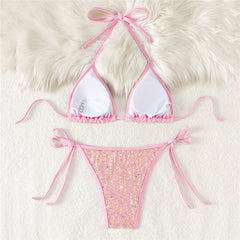 Pink Mesh Sequin Halter String Triangle Bikini Damen Micro Thong Swimsuit Bathing Suits Swimwear Bikinis Sets