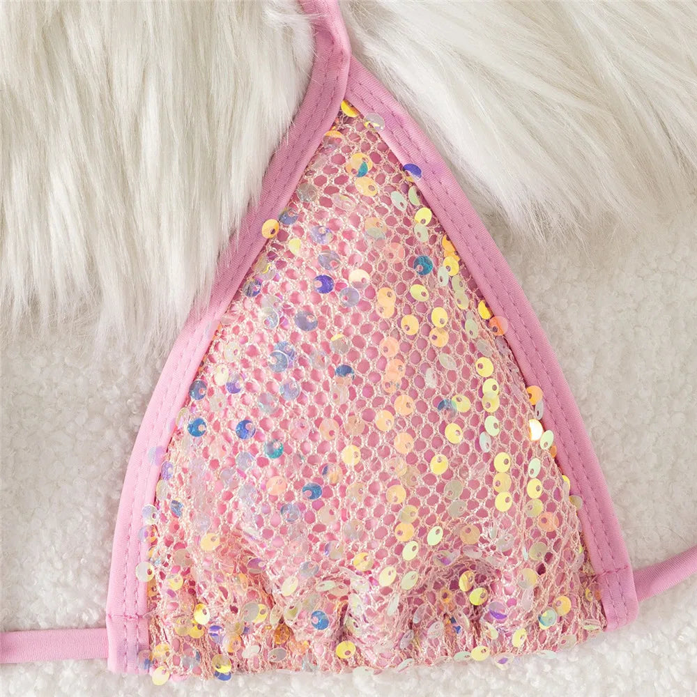 Pink Mesh Sequin Halter String Triangle Bikini Damen Micro Thong Swimsuit Bathing Suits Swimwear Bikinis Sets