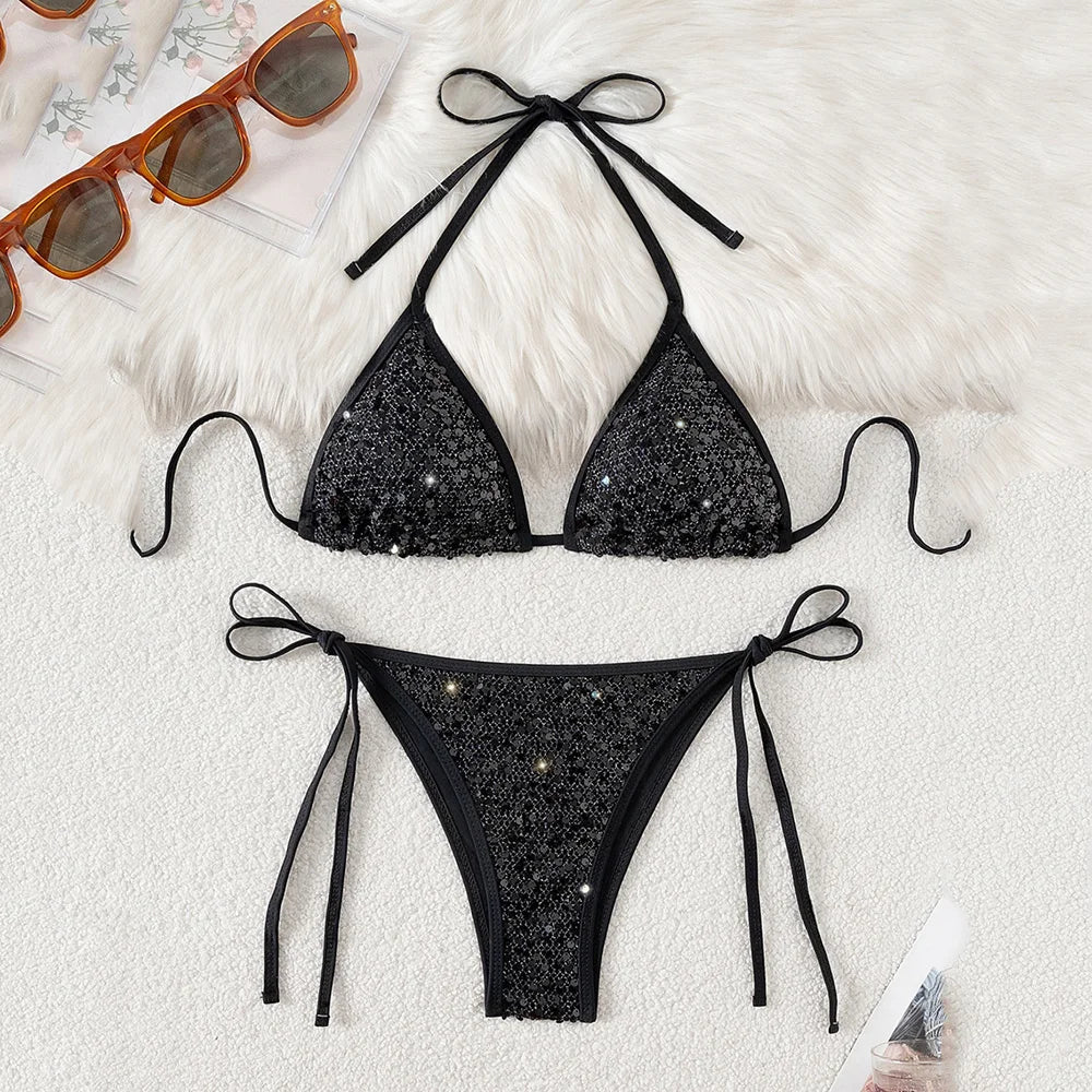 Pink Mesh Sequin Halter String Triangle Bikini Damen Micro Thong Swimsuit Bathing Suits Swimwear Bikinis Sets