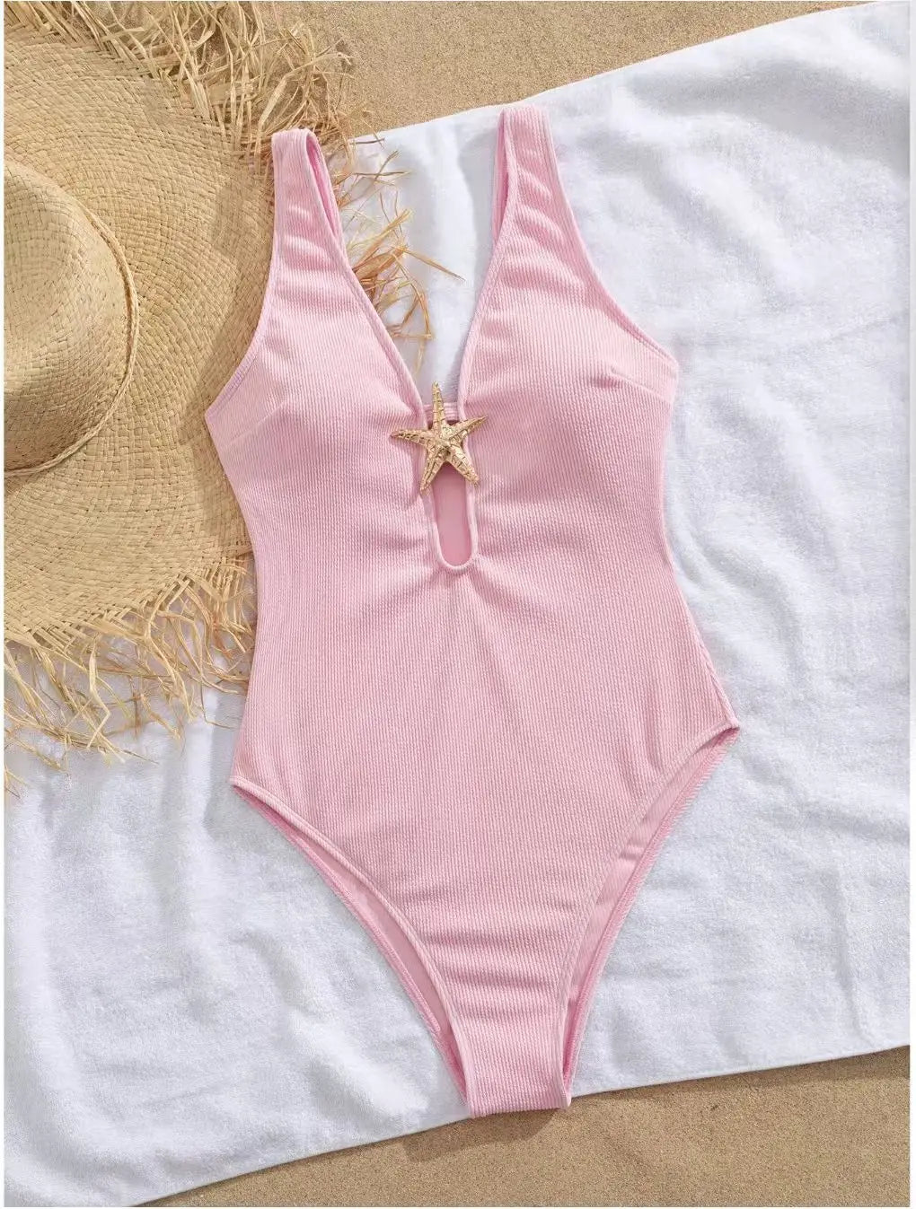 Pink One Piece Swimsuit Metal Starfish Ornament Hollow Out V Neck Tummy Control Swimwear Beach Bathing Suit Monokini