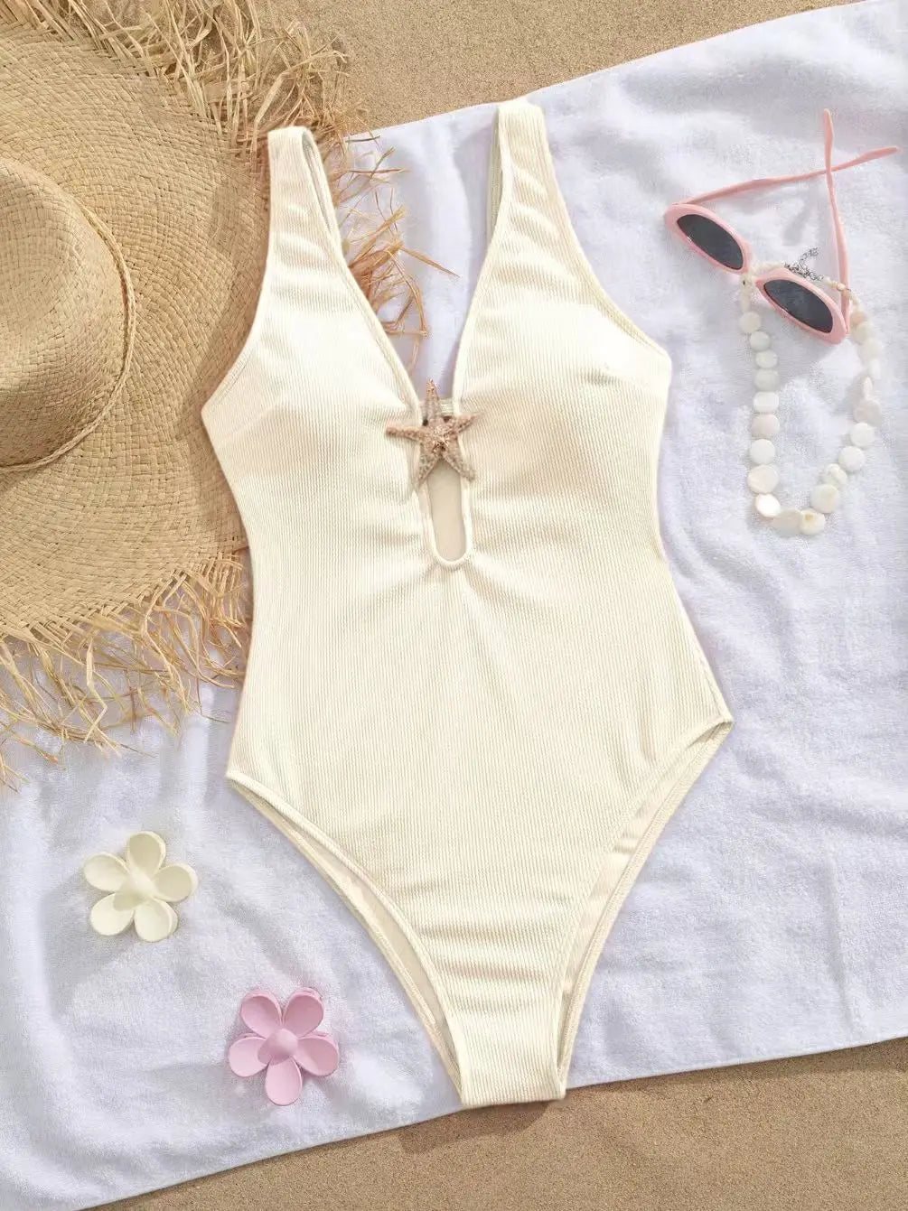 Pink One Piece Swimsuit Metal Starfish Ornament Hollow Out V Neck Tummy Control Swimwear Beach Bathing Suit Monokini