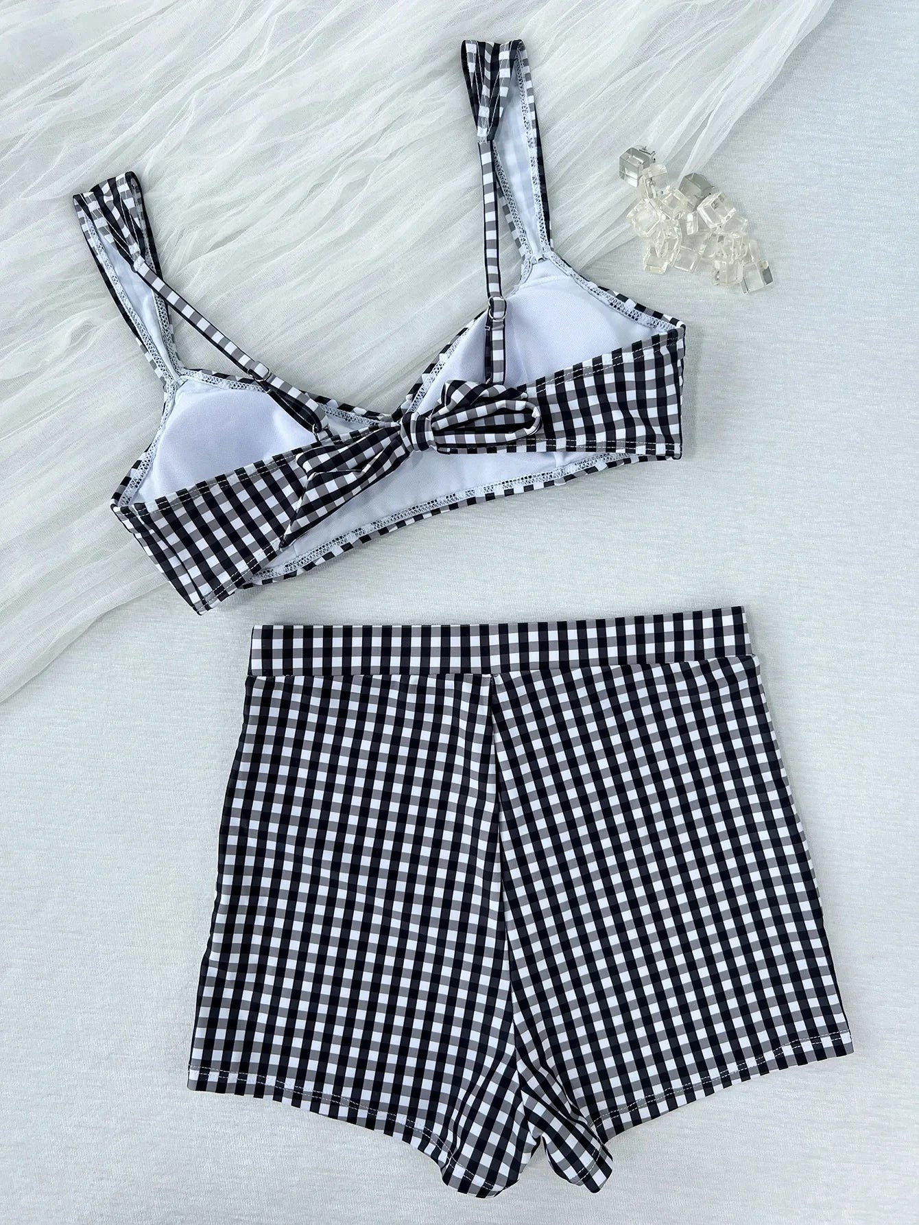Plaid V Neck Shorts Female Swimsuit High Waist Bikini Swimwear Two-pieces Bikini Set