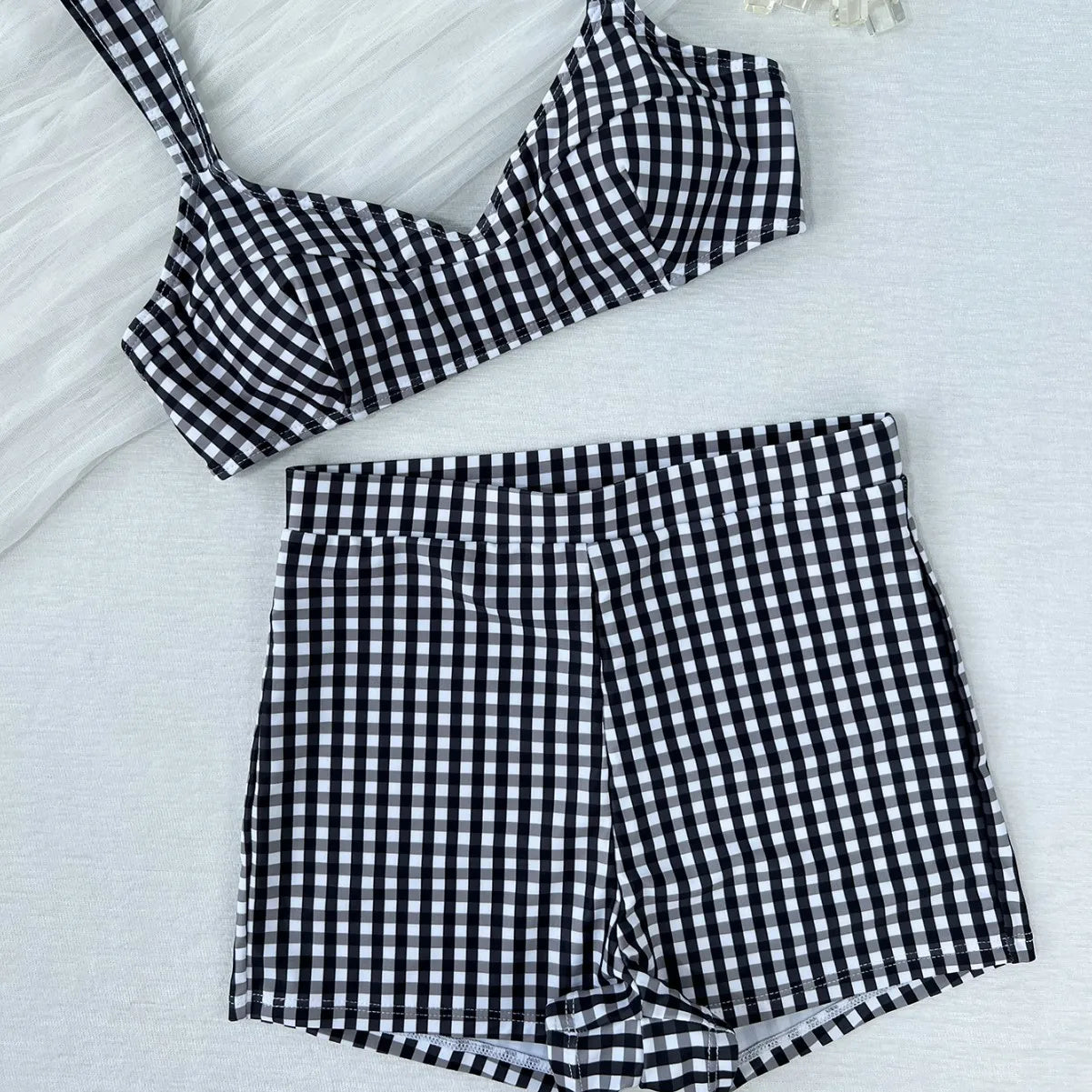Plaid V Neck Shorts Female Swimsuit High Waist Bikini Swimwear Two-pieces Bikini Set