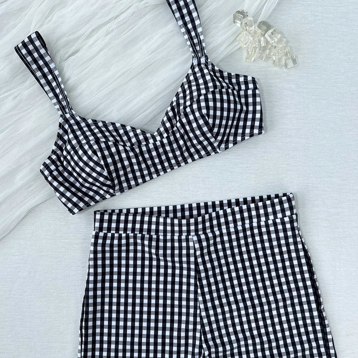 Plaid V Neck Shorts Female Swimsuit High Waist Bikini Swimwear Two-pieces Bikini Set