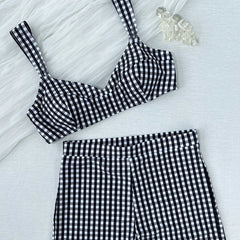 Plaid V Neck Shorts Female Swimsuit High Waist Bikini Swimwear Two-pieces Bikini Set