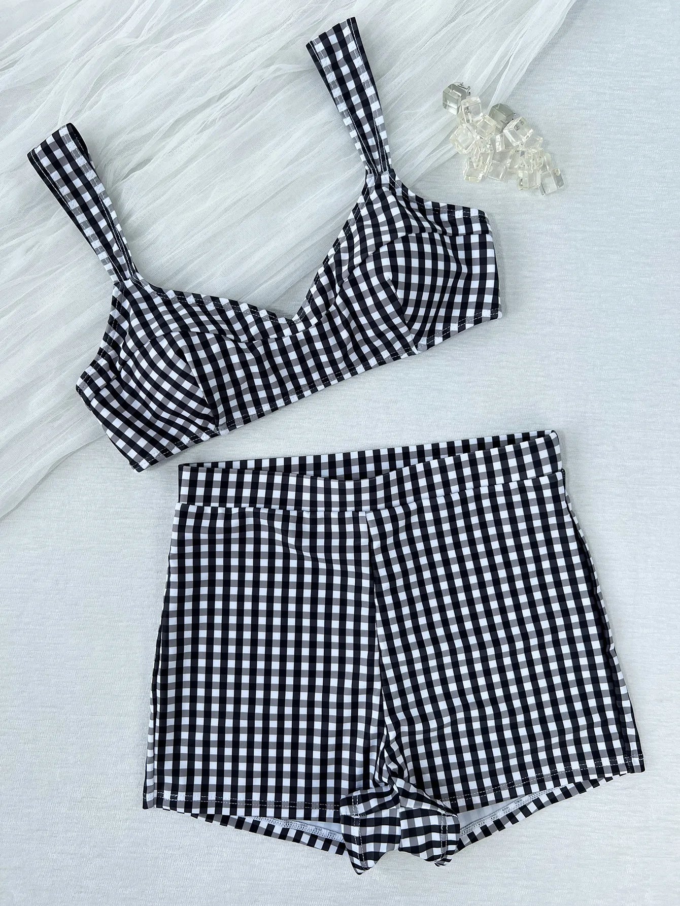 Plaid V Neck Shorts Female Swimsuit High Waist Bikini Swimwear Two-pieces Bikini Set