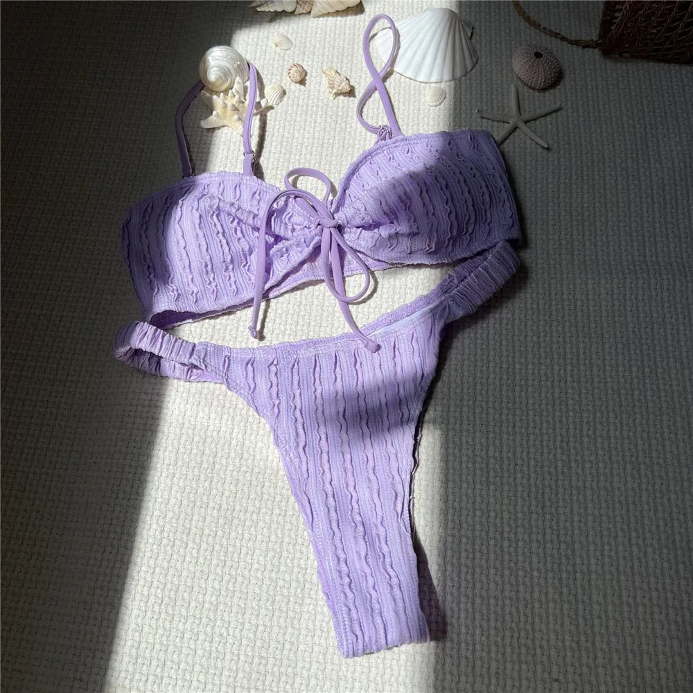 Purple Wrinkle Swimwear Front Lace-up Bandeau Bikinis Sets