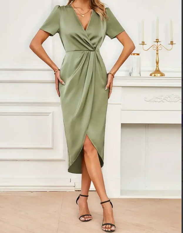 Waist-Cinching Twisted Slit V-Neck Dress