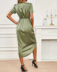 Waist-Cinching Twisted Slit V-Neck Dress