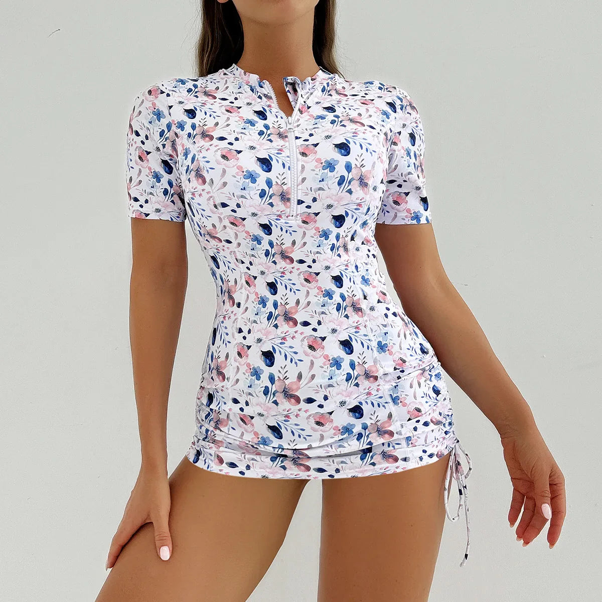 Rash Guard Short Sleeve Swimwear Blue Floral Print Half Zipper Drawsting Side Swimsuit Beach Bathing Swimming Suits