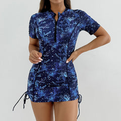 Rash Guard Short Sleeve Swimwear Blue Floral Print Half Zipper Drawsting Side Swimsuit Beach Bathing Swimming Suits