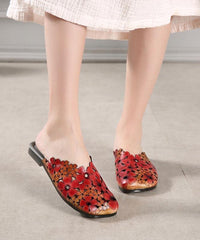 Red Cowhide Floral Leather Hollow Out Slide Sandals