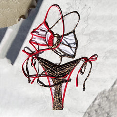 Red Leopard Print Thong Micro Bikini Set